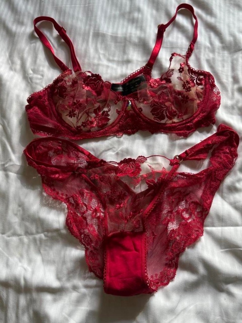 Honey Birdette Red Embroidered Lace Bra & Brief Set – 34C / Small